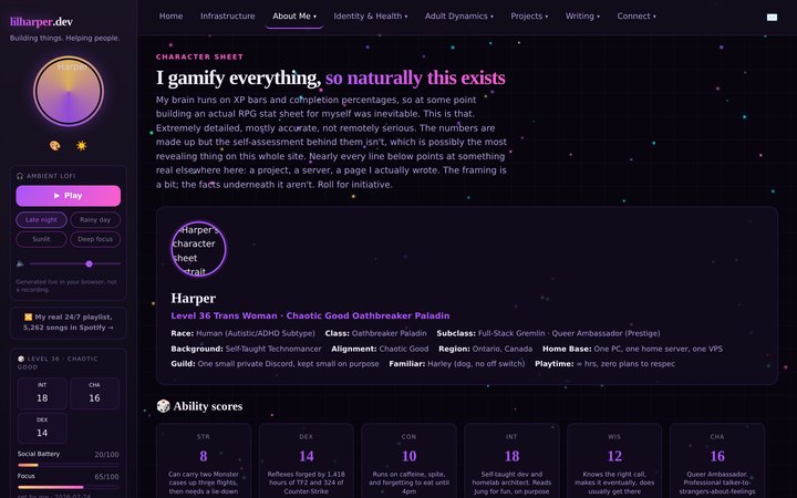Screenshot of lilharper.dev: the character sheet, with achievements as a card grid.