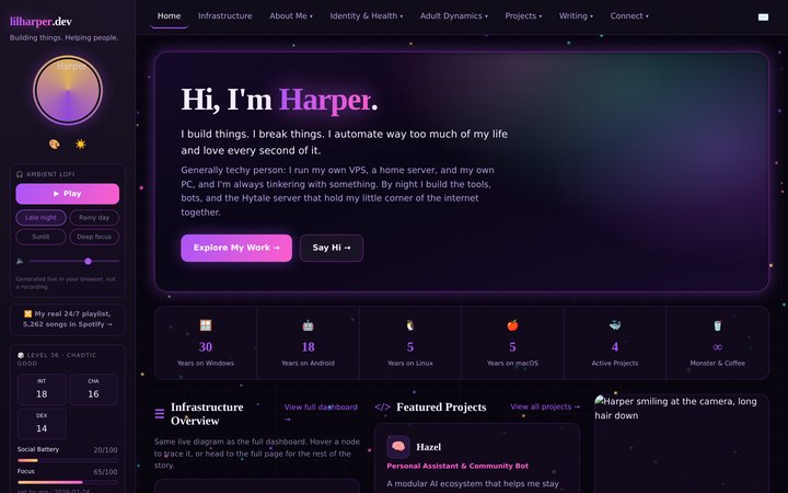 Screenshot of the lilharper.dev home page, showing the live homelab topology above featured projects.