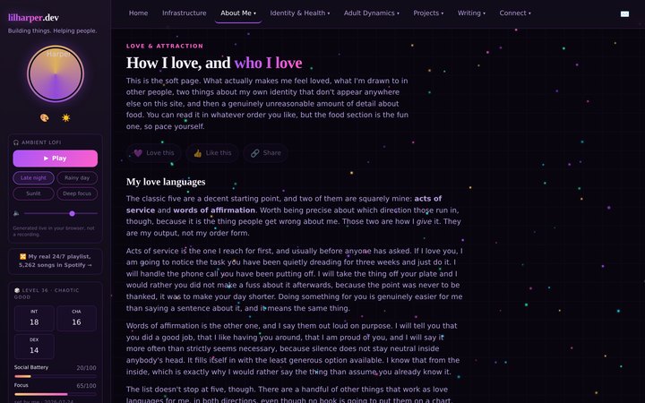 Screenshot of lilharper.dev: love languages, and a genuinely unreasonable amount of detail about food.