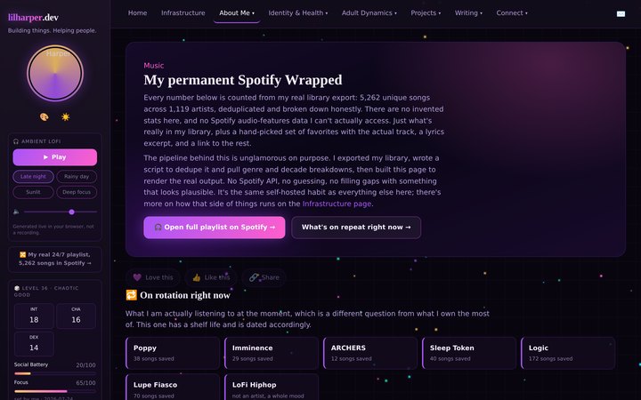 Screenshot of the music page genre galaxy, one star per artist connected by researched links.