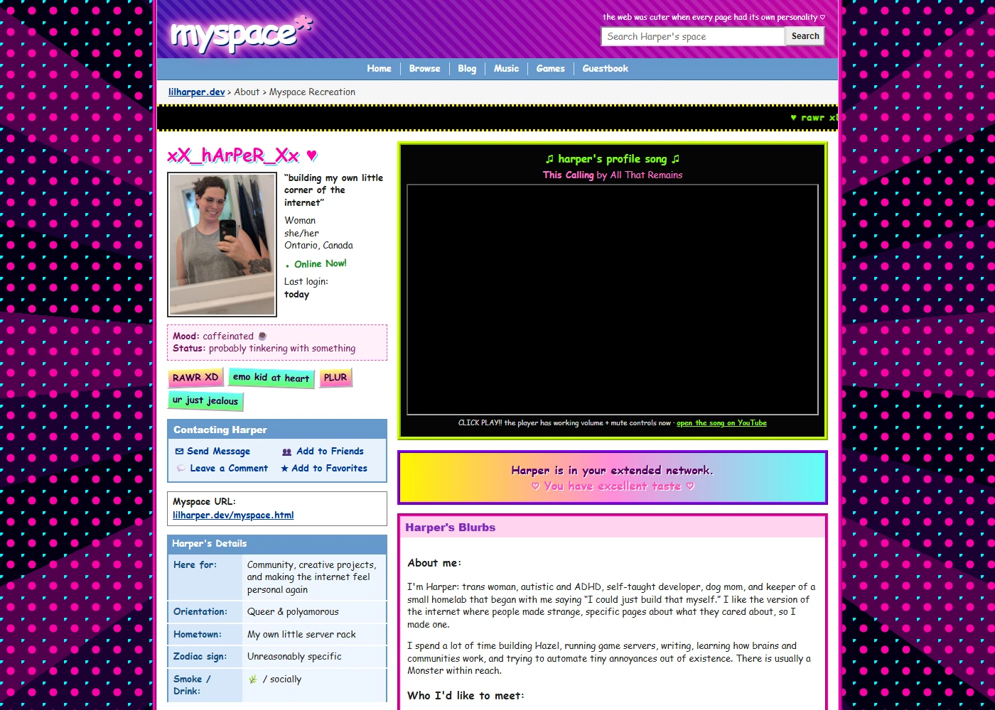 The Myspace recreation with neon tiled wallpaper, Harper's profile and the profile-song player