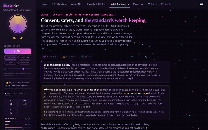 Screenshot of lilharper.dev: the safety, consent and meeting standards page.
