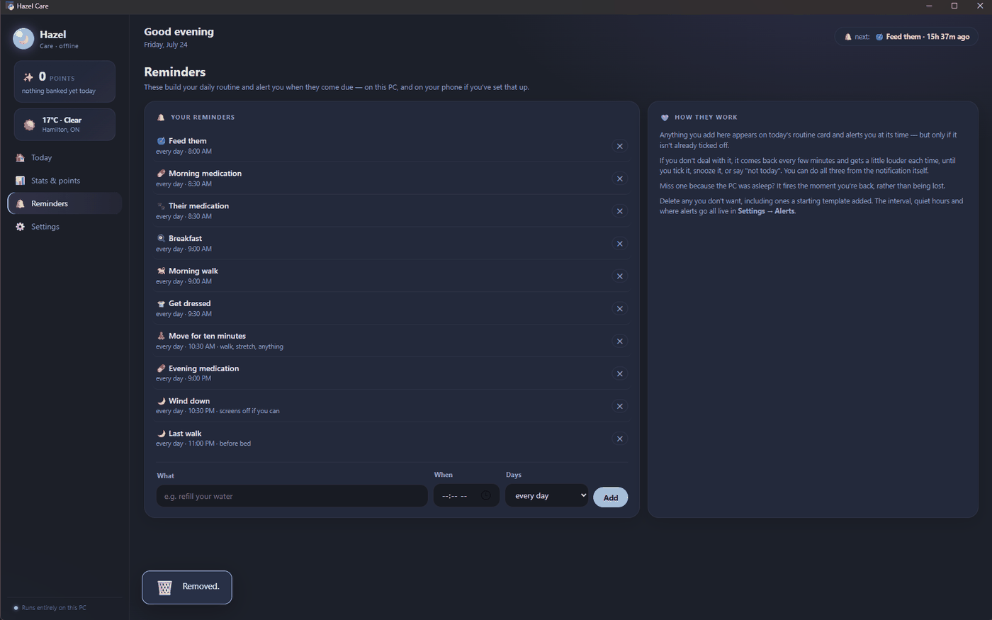 Hazel Care reminders list showing daily recurring items with times