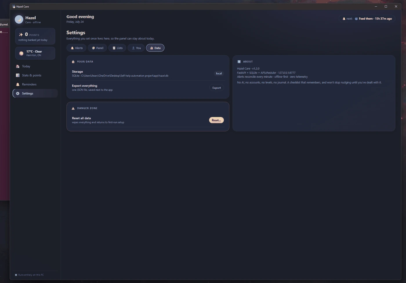 Hazel Care data settings showing local SQLite storage path, export button, and reset option