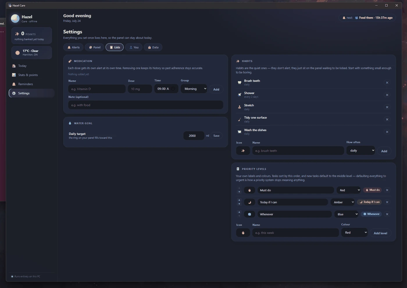 Hazel Care lists settings: medication, water goal, habits, and custom priority levels