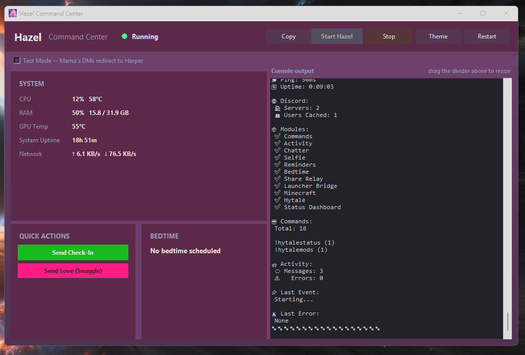 Hazel's command panel